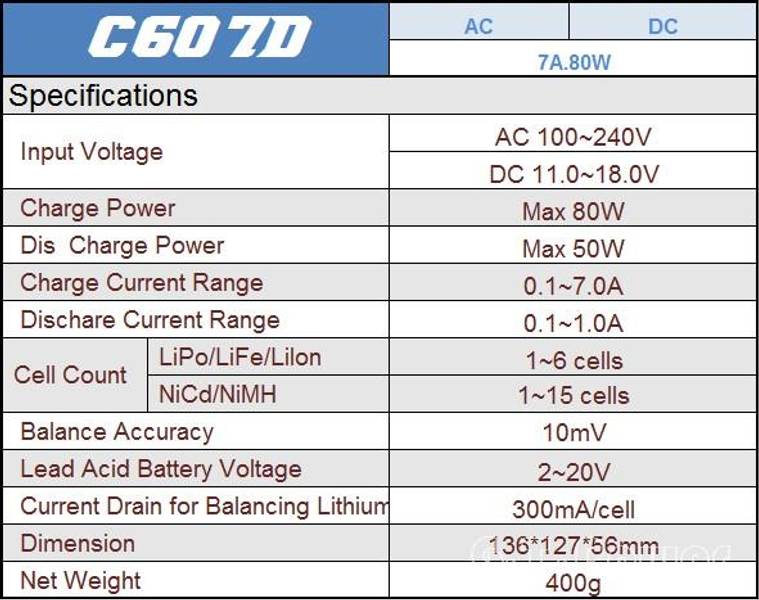 G.T POWER C607D CHARGER 7A  80W 12V / 220V